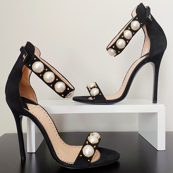 Elisabetta Franchi Faux Pearl Black Gold Strappy Sandals 40 41 10 10.5 11 - Picture 2 of 11